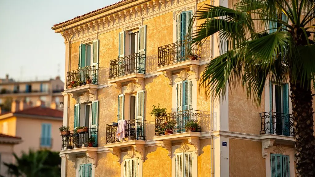 Façade d'immeuble résidentiel Belle Époque avec balcons et palmier à Cannes