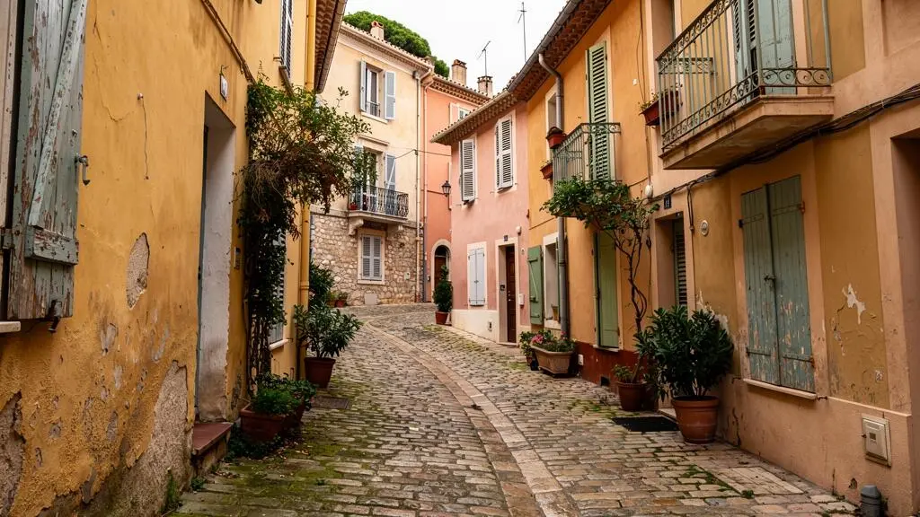 Ruelle pavée avec maisons colorées provençales dans le quartier historique du Suquet à Cannes